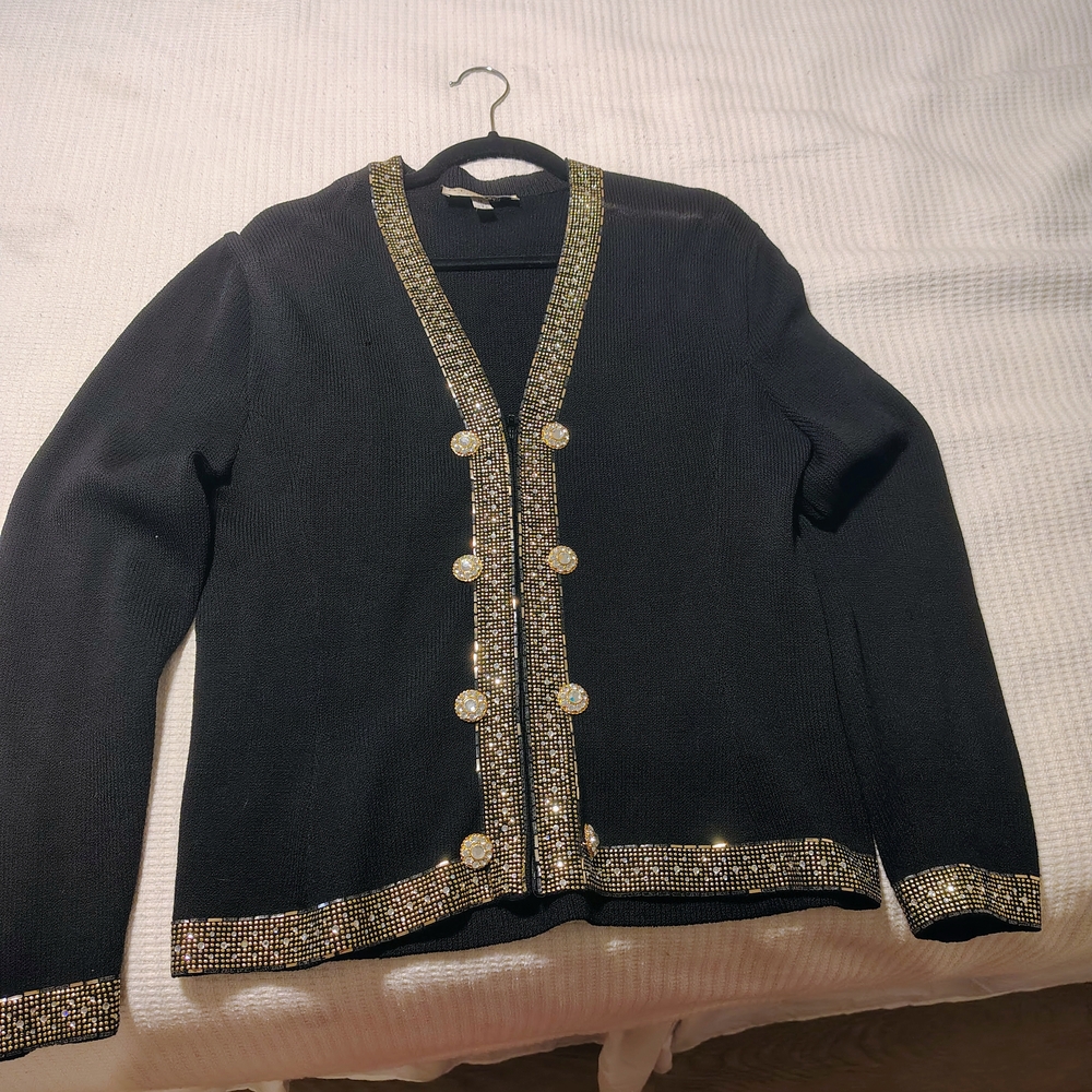 St. John Collection Black Knit Blazer with Gold Beaded Trim